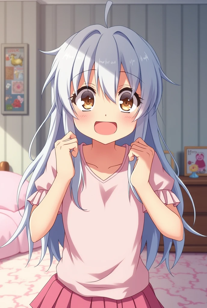 ((Oyama mahiro)), (Anime 1.5), ((Masterpiece)), (High Definition:1.3), (Professional Photography:1.2), wide shot, (flat body), pale ivory hair, silky long hair, undress, (undress oversided camisole dress), (close eyes),(blush, very flustered face, open mouth wide), sweaty, cute and beautiful, ahoge, ((Surprised Pose)), in the room