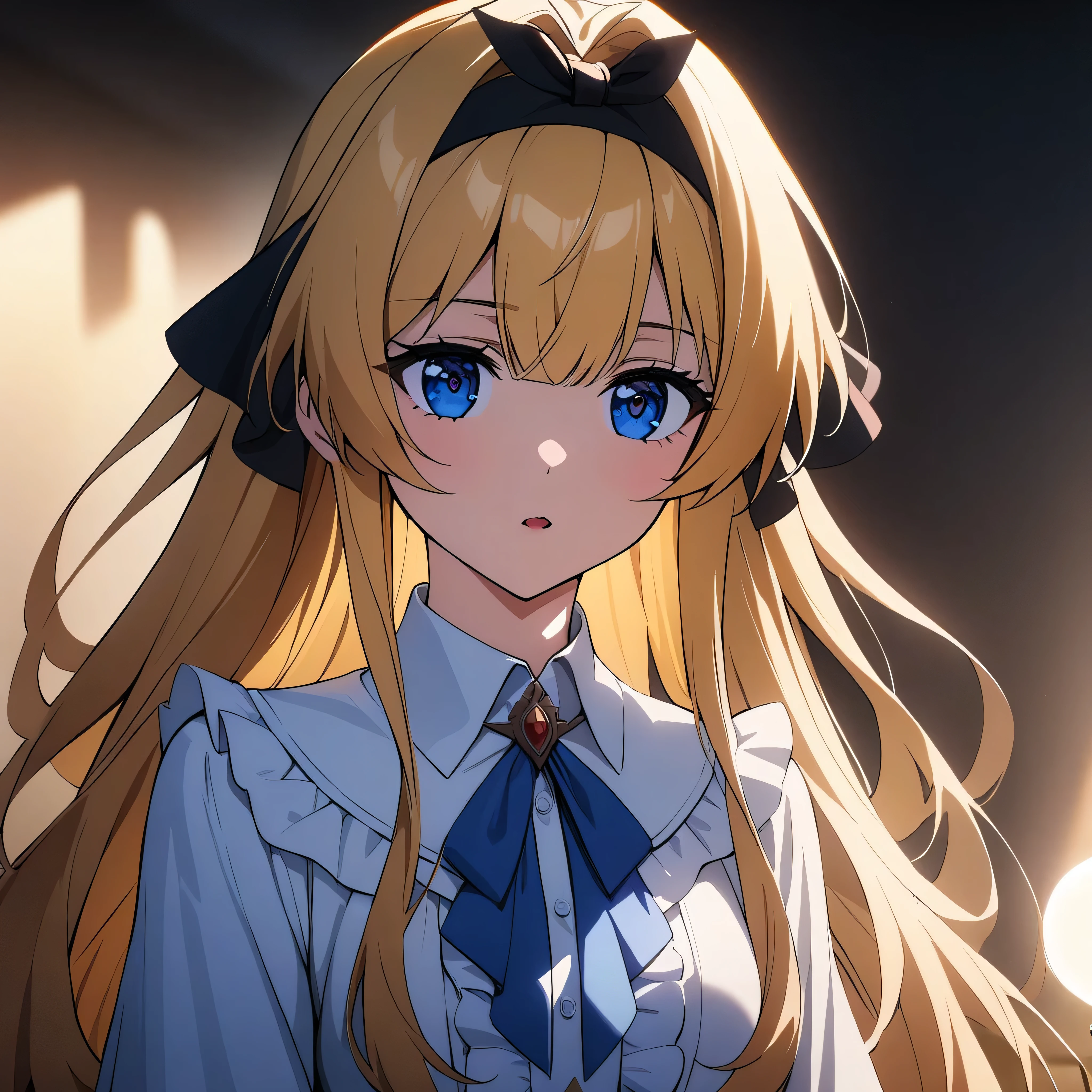 1girl, liana, wistoria, (masterpiece), best quality, expressive eyes, perfect face, ultra fine, highest quality, ultra detailed, hourglass figure, cinematic, cinema lighting, blonde hair, blue eyes, collared shirt, skirt