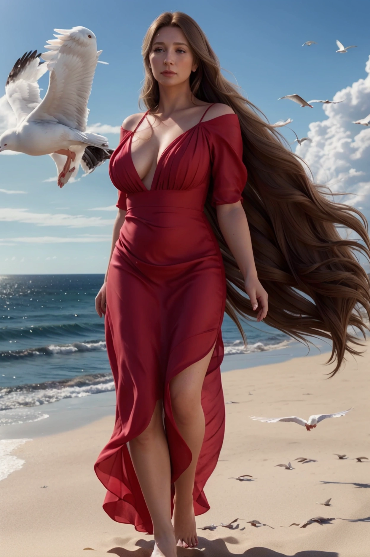 ((Dystopian Landscape with wild red berry and rose petals on the sand)) (( A girl)) stands with a baby zalmander . The girl wears a transparent red tight dress with gold chain ober her bbreasts Silver long hair is covered with silver giltter artist Theo James, James Dean, Idina French, Mary Jurgen