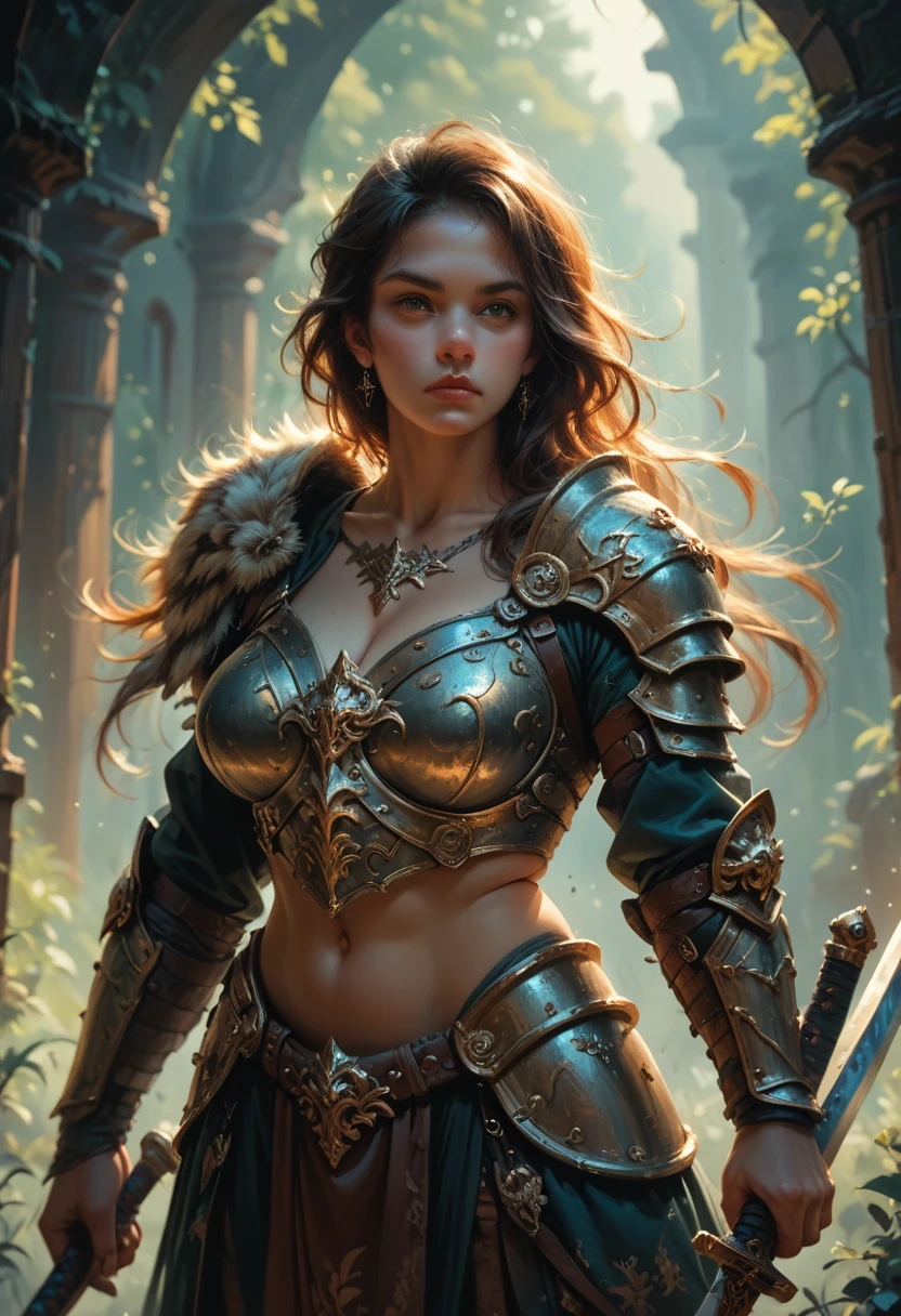 A  woman warrior with large breasts, wearing a fur-lined armor, holding a sword, solo portrait, dark fantasy, 