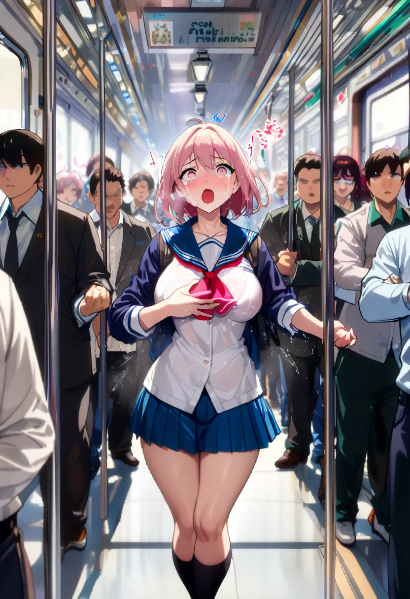 One cute girl　on the train　Crowded　shirt　Blue Skirt　In uniform　Light pink underwear　Angle from behind　Skirt is lifted　Having your butt touched