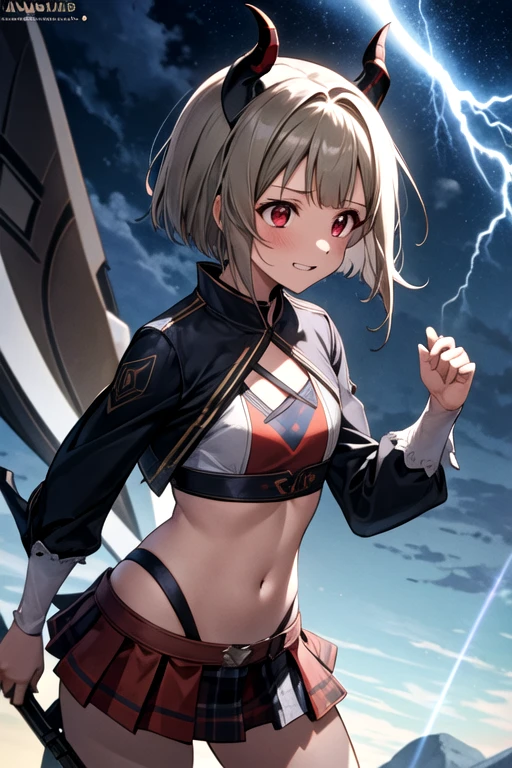 (Best Quality，masterpiece)，One Girl, Alone, Anime screenshots，Ray Tracing，Global Illumination，Ultra-high resolution images，Thunder，thunderstorm，Written boundary depth，Valhalla Castle，cute，Devil Cosplay，night，Tan Hair，Bobcut，Short Hair，ワンレングスBobcut，Asymmetrical Hair，Long hair on the left，Red Eye，Kasumi Nakasu，Devil horns，Laugh out loud，anger