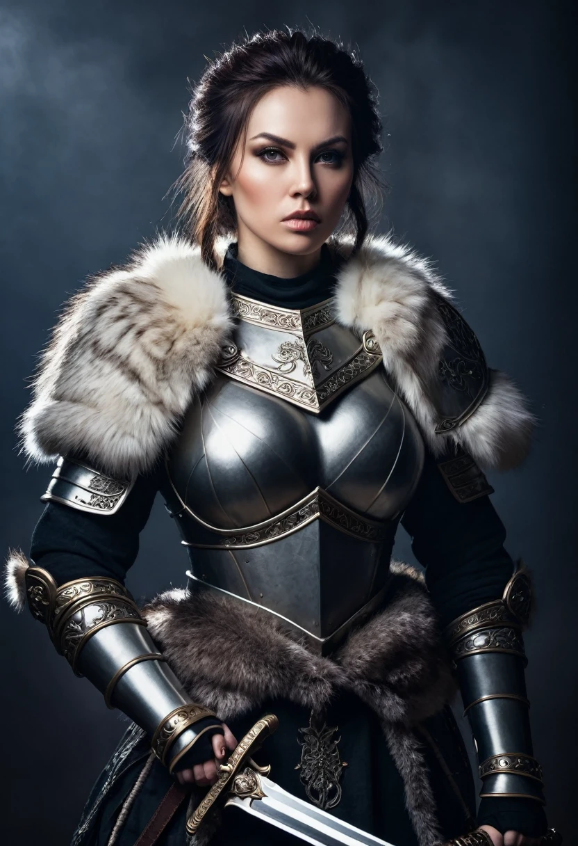 A  woman warrior with large breasts, wearing a fur-lined armor, holding a sword, solo portrait, dark fantasy, 