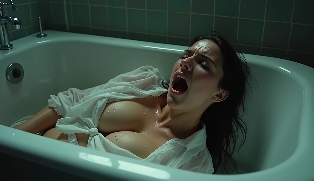 A screaming naked woman with big tits in a labratory with a smoking circular door behind her. The woman is brightly lit and sweaty. Brightly lit room. Close up 