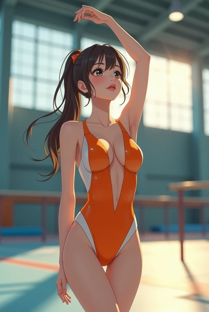 Realistic,The girls,gymnast,Orange leotard,Practice Venue、Smile,A sexy
