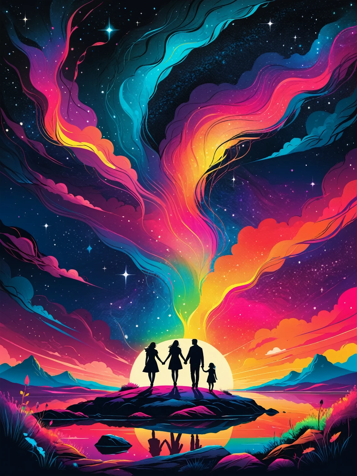 Cosmic landscape with a couple holding hands with bright colors