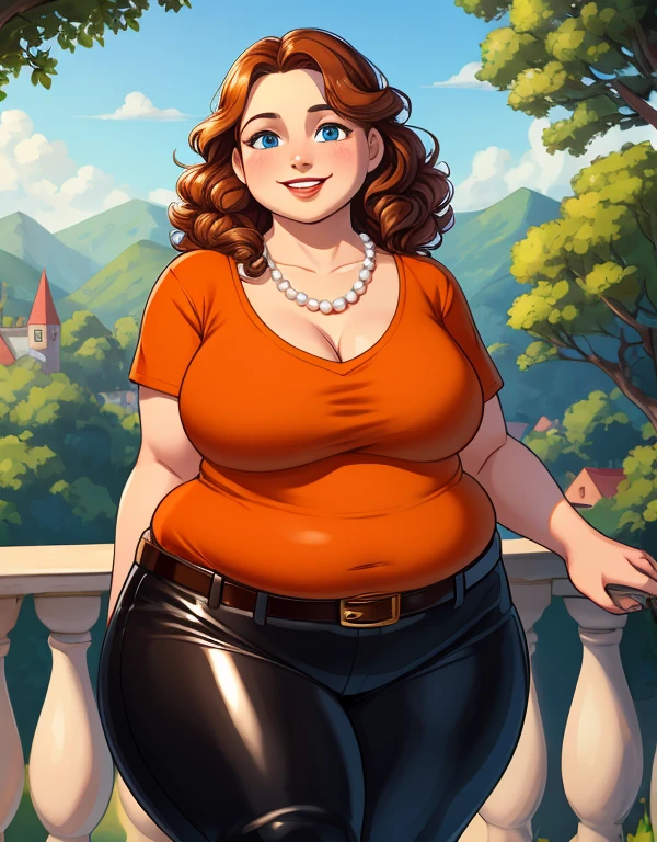 masterpiece, best quality, 1girl, portrait, 45 year old woman, shoulder-length brown hair with some curly, blue eyes, medium breasts, round face, fat face, fat, chubby, round belly, plump body, wide hips, thick thighs, cleavage, ((Wearing: Orange Gym V-neck shirt, Black shiny leggings and heels)), smile, standing, looking at viewer with a gleeful expression, holding a wine glass filled with yellow liquid, (Background: Outdoors, wooden balcony, sunny day)
