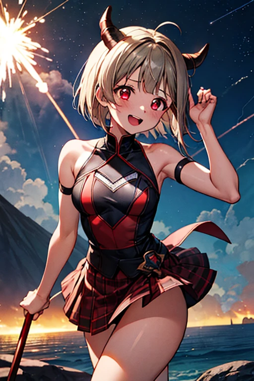 (Best Quality，masterpiece)，One Girl, Alone, Anime screenshots，Ray Tracing，Global Illumination，Ultra-high resolution images，Thunder，thunderstorm，Written boundary depth，Volcanic eruption，Devil Cosplay，night，Tan Hair，Bobcut，Short Hair，ワンレングスBobcut，Asymmetrical Hair，Long hair on the left，Red Eye，Kasumi Nakasu，Devil horns，Laugh out loud，anger