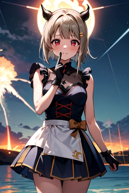 (Best Quality，masterpiece)，One Girl, Alone, Anime screenshots，Ray Tracing，Global Illumination，Ultra-high resolution images，Thunder，thunderstorm，Written boundary depth，Volcanic eruption，Devil Cosplay，night，Tan Hair，Bobcut，Short Hair，ワンレングスBobcut，Asymmetrical Hair，Long hair on the left，Red Eye，Kasumi Nakasu，Devil horns，Laugh out loud，anger