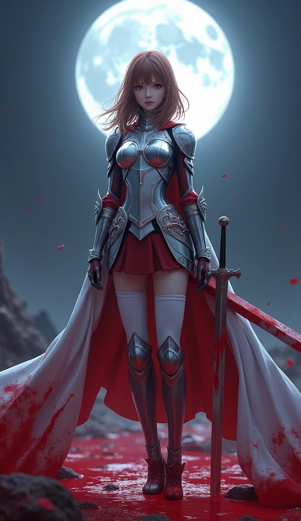 8k,one person&#39;s, alone,(Perfect ???????:1.43), (Medium Hair:1.55) ,(Half Up:1.45),bangs, Brown eyes,Beautiful Eyes,(Sad Smile:1.3),White knee socks,(Brown Hair:1.6),blood stained boots,(1:1.5),whole body,(A combination of blood-white silver full plate armor and a long blood-stained cloak.:1.63),(Exposing shoulders:1.5),(mini skirt:1.26),(With a blood-stained rapier in hand:1.43),(A bloody battlefield on a moonlit night:1.52),Fantasy,(Blood Effect:1.53),throw,Eye level,(Cast a Shadow:1.21)