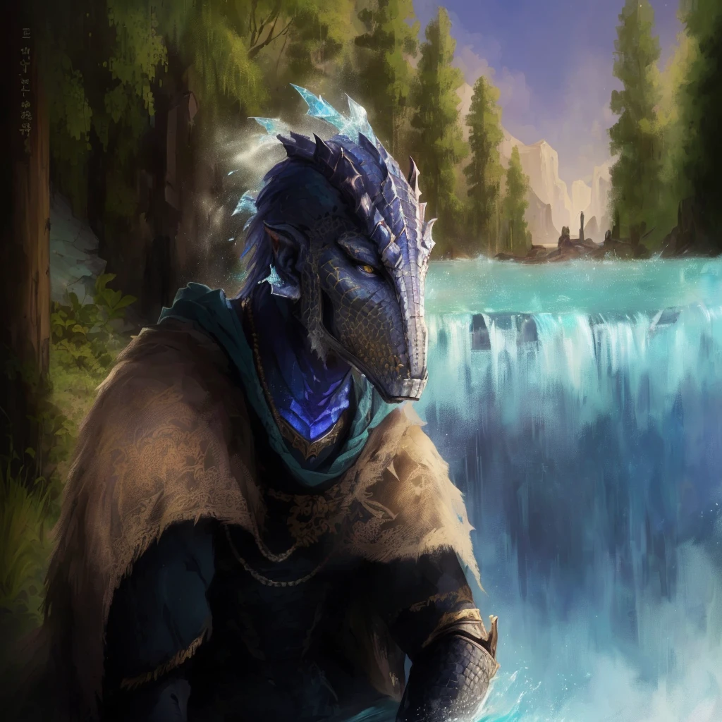 there is a man in a dragon mask sitting in front of a waterfall, argonian, river otter dragon, anthro dragon art, male dragonborn, portrait of a zentaur, portrait of fin wildcloak, water dragon, dragon inspired blue armor, african argonian! body! in full, dragonborn, reptilian warrior