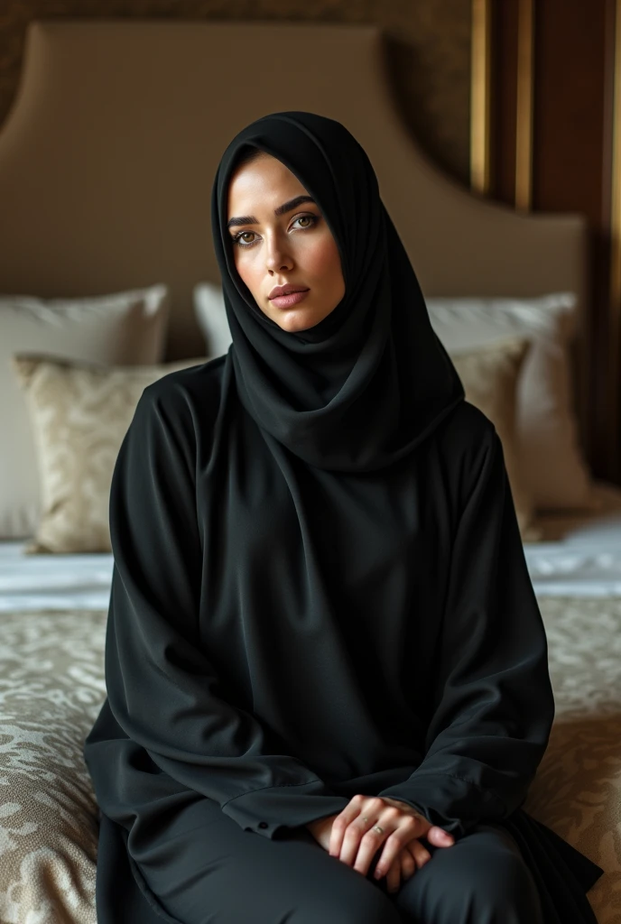 Curvy girl pakistani wearing black hijab Abaya lusty going on shoft bed before sex full body back hips view sitting