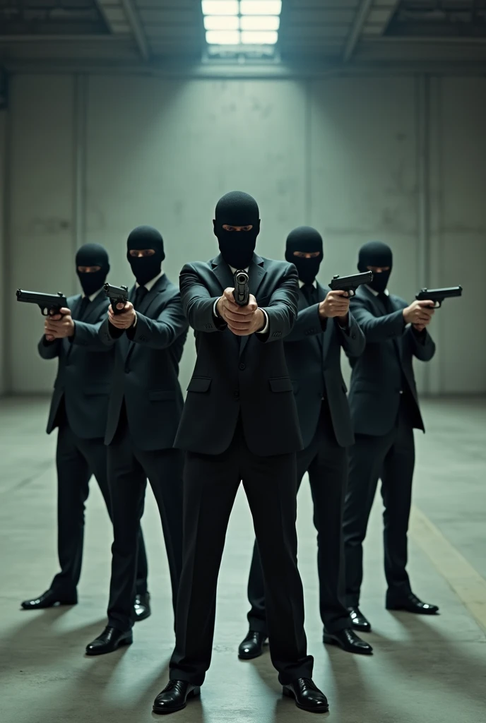 Men in black around a table full of weapons and being led by an attractive black-haired man, and grey eyes and muscles, casual black suit