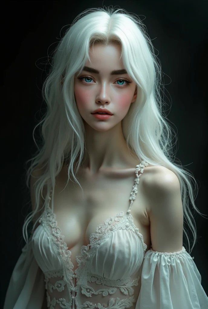 The girl has snow white hair, long and silky, that cascades down his back. Her lips are red and full, contrasting with her pale, translucent skin. Her cheeks have a hint of pink, giving it a delicate and ethereal appearance. Her eyelashes are long and thick, framing her eyes of a mysterious color. Her figure is slim and slender, with soft and elegant curves.

She finds herself in a dull and sad mansion, with walls covered in cobwebs and fogged up windows. The light is dim and diffuse, creating deep shadows that enhance the girl&#39;s melancholic beauty. Despite the gloomy atmosphere, She radiates an inner light, as if her presence were able to illuminate the darkness that surrounds her.

