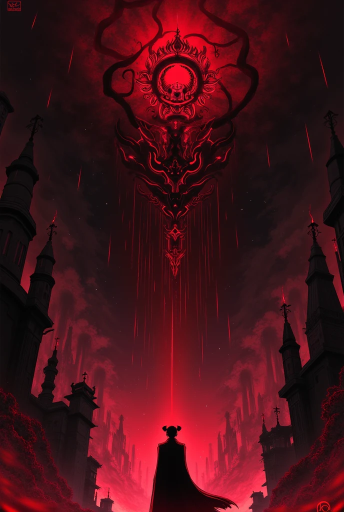 dark and mysterious,night,Rain of blood,gothic Anime Girl,Let me show you the killing god!Gothic unusual art masterpiece,ominous clouds,hauntingly beautiful,ethereal moonlight,eerie shadows,intense contrasts,macabre,artistic masterpiece,detailed textures,dark color palette,foreboding ambiance,impressive artistry,exquisite details,gothic architecture,dramatic lighting,vivid red hues,ominous figures,strange symbols,surreal elements