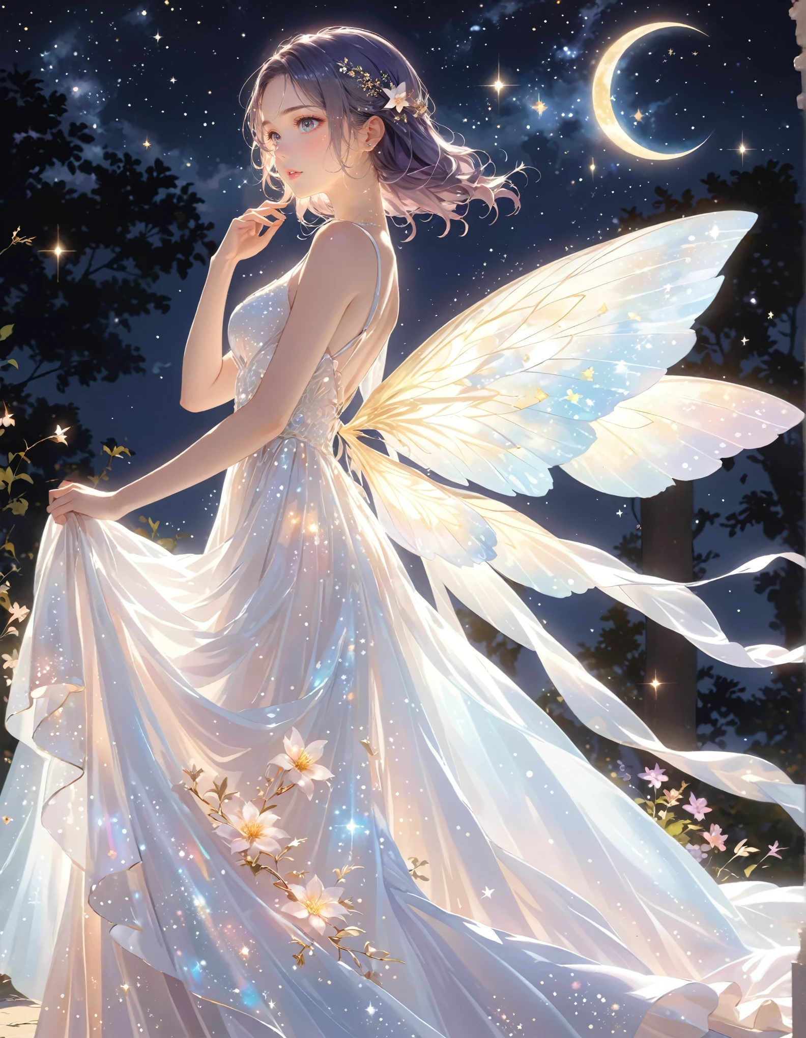 (best quality,4k,8k,highres,masterpiece:1.2),A girl standing alone under the starry night sky, with her silhouette illuminated by the soft moonlight and twinkling stars. Her face is beautifully detailed, with sparkling eyes, long and fluttering eyelashes, and exquisitely defined lips. She is dressed in an elegant gown, flowing and ethereal, embracing her figure gracefully as it glimmers with a subtle celestial glow. The gown has gossamer wings on the back. The intricate details of her dress catch the faint starlight, creating a mesmerizing sparkle. The surrounding landscape showcases a serene garden, lush with vibrant foliage and colorful flowers. The air is filled with a gentle breeze, causing the leaves to rustle and the flowers to sway delicately. The garden is bathed in a warm, dreamy color palette, with hues of deep blues, purples, and hints of silver. The atmosphere is calm and tranquil, evoking a sense of peace and serenity. The artwork is of the highest quality, meticulously created with ultra-detailed brushstrokes and precise attention to every element. The texture and depth of the painting are breathtaking, with a sense of realism and photorealism that captures the awe-inspiring beauty of the night sky. The lighting is soft and diffused, casting a gentle glow over the entire scene, enhancing the magical ambiance. The girl's presence radiates a sense of mystery and wonder, as if she holds a secret connected to the celestial beings above. The overall composition evokes a feeling of timelessness and captures the essence of a StarSign, an artwork that embodies the celestial beauty and inner strength of a girl in harmony with the stars. (ai-generated:.25),(dsmile:.25)