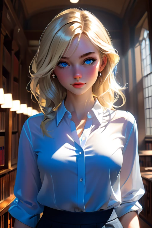 1 college girl; age 19; Slender, athletic; blonde hair; serious blue eyes with black pupils; attractive; fair skin; smirking; average bust; trending on artstation; complex volumetric lighting; strong shadows; artistic lighting; dynamic; energetic vibe; realistic skin; specular highlights; micro-textures; highly detailed hair; wearing a blue classy outfit; white blouse and silver jewellery; studying in a library