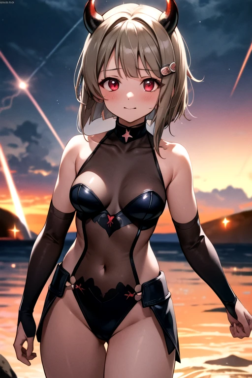 (Best Quality，masterpiece)，One Girl, Alone, Anime screenshots，Ray Tracing，Global Illumination，Ultra-high resolution images，Thunder，thunderstorm，Written boundary depth，Volcanic eruption，Devil Cosplay，night，Tan Hair，Bobcut，Short Hair，ワンレングスBobcut，Asymmetrical Hair，Long hair on the left，Red Eye，Kasumi Nakasu，Devil horns，Laugh out loud，anger