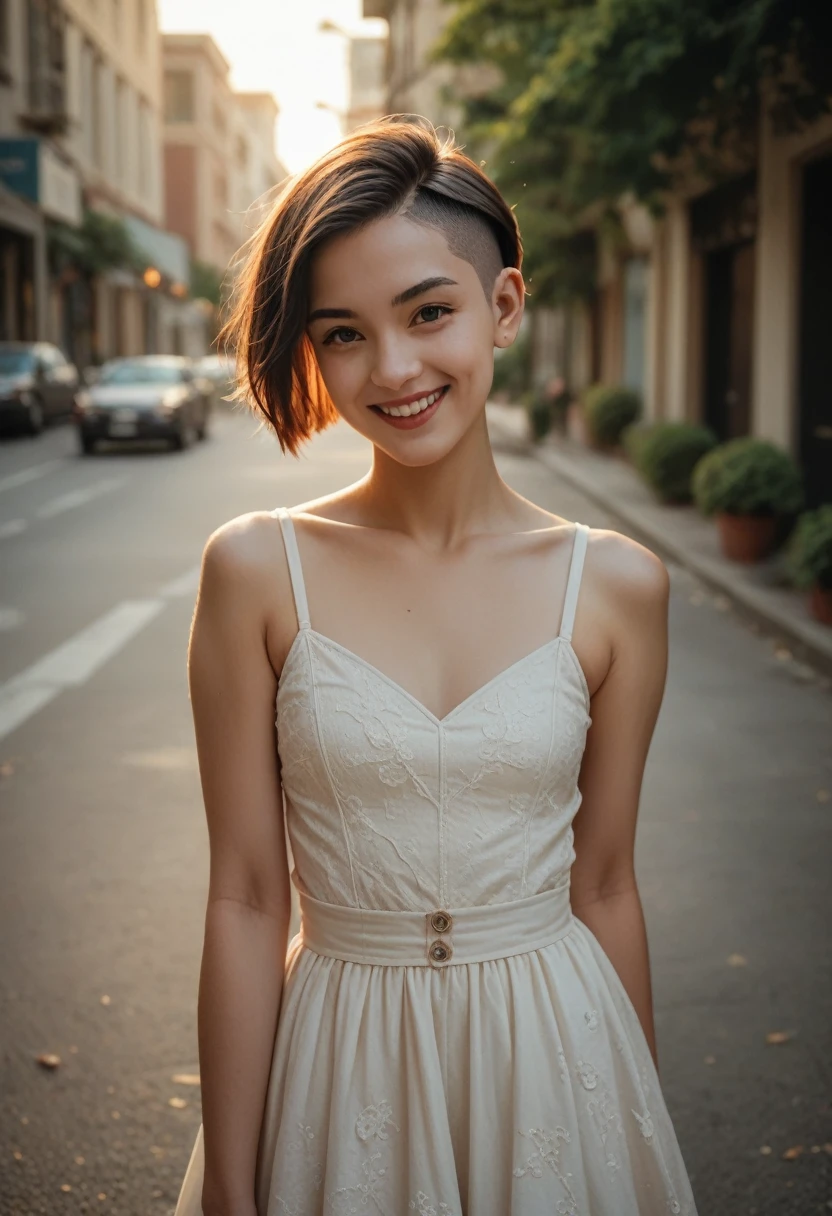 a young beautiful woman, smiling, asymmetrical cut hair style, fall dress, outdoor view, RAW photo, (detailed face), high detail, sharp focus, aesthetic, 8k uhd, DSLR, intricate details, soft lighting, high quality,