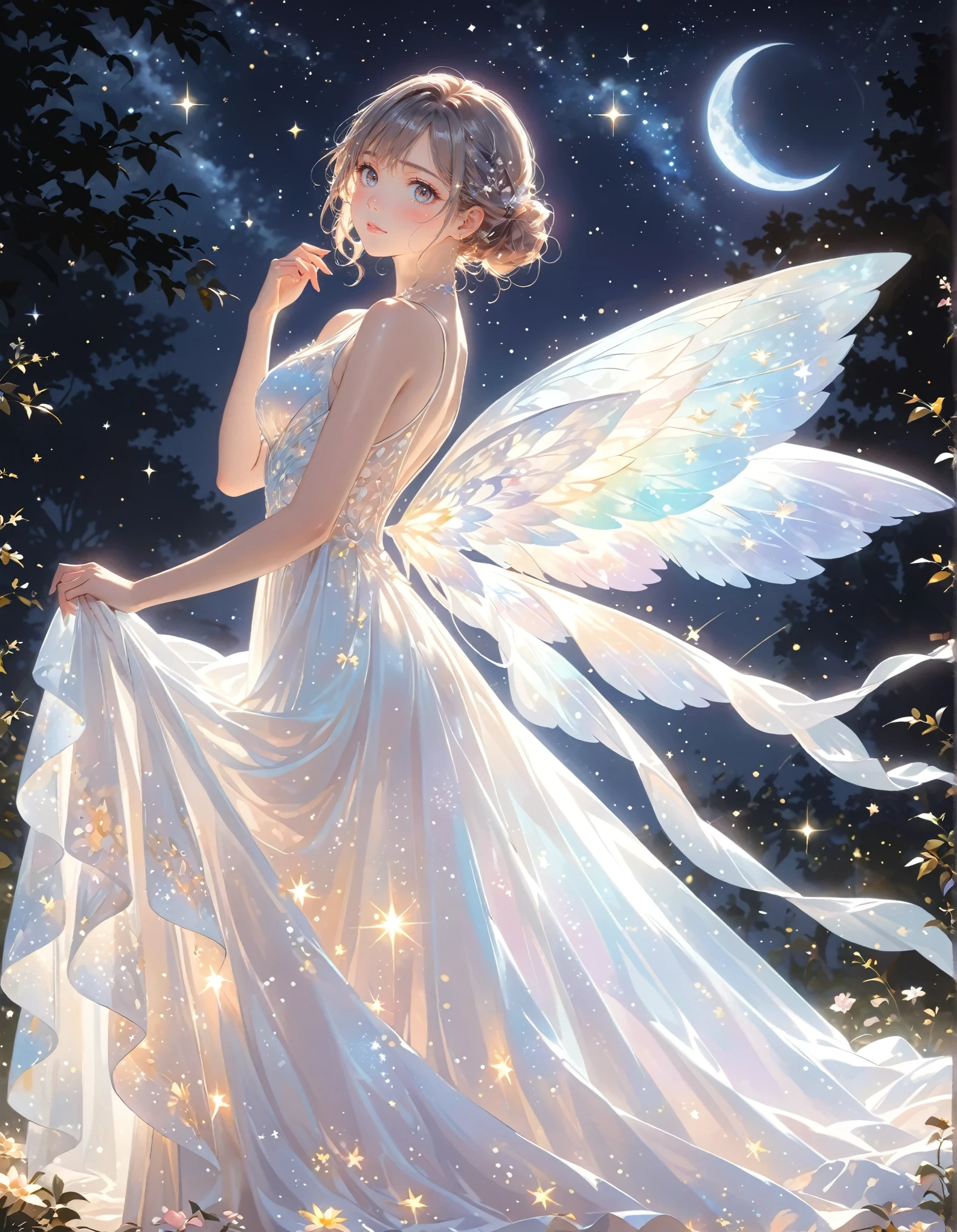 (best quality,4k,8k,highres,masterpiece:1.2),A girl standing alone under the starry night sky, with her silhouette illuminated by the soft moonlight and twinkling stars. Her face is beautifully detailed, with sparkling eyes, long and fluttering eyelashes, and exquisitely defined lips. She is dressed in an elegant gown, flowing and ethereal, embracing her figure gracefully as it glimmers with a subtle celestial glow. The gown has silk wings on the back. The intricate details of her dress catch the faint starlight, creating a mesmerizing sparkle. The surrounding landscape showcases a serene garden, lush with vibrant foliage and colorful flowers. The air is filled with a gentle breeze, causing the leaves to rustle and the flowers to sway delicately. The garden is bathed in a warm, dreamy color palette, with hues of deep blues, purples, and hints of silver. The atmosphere is calm and tranquil, evoking a sense of peace and serenity. The artwork is of the highest quality, meticulously created with ultra-detailed brushstrokes and precise attention to every element. The texture and depth of the painting are breathtaking, with a sense of realism and photorealism that captures the awe-inspiring beauty of the night sky. The lighting is soft and diffused, casting a gentle glow over the entire scene, enhancing the magical ambiance. The girl's presence radiates a sense of mystery and wonder, as if she holds a secret connected to the celestial beings above. The overall composition evokes a feeling of timelessness and captures the essence of a StarSign, an artwork that embodies the celestial beauty and inner strength of a girl in harmony with the stars. (ai-generated:.25),(dsmile:.25)