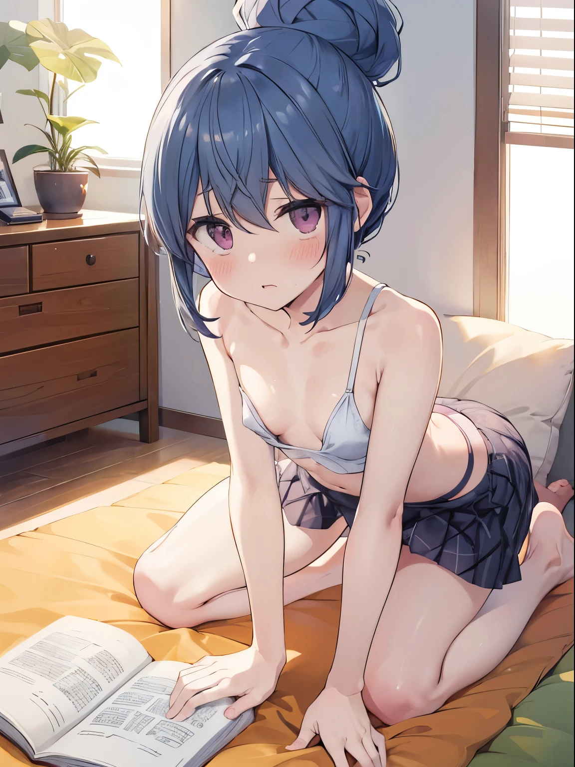 (Purple hair:1.3), gray eyes, white , 9 years old, short, short long hair, kind expression, shy,  almost no breasts, slightly exposed. hair,(flipped hair ), flipped hair,  ahoge, girl alone, flipped hair, flipped hair, flipped hair, flipped hair, ( flat chest:1.3)， , (Naked: 1.5)，nipples are visible，pussy are visible，bed 