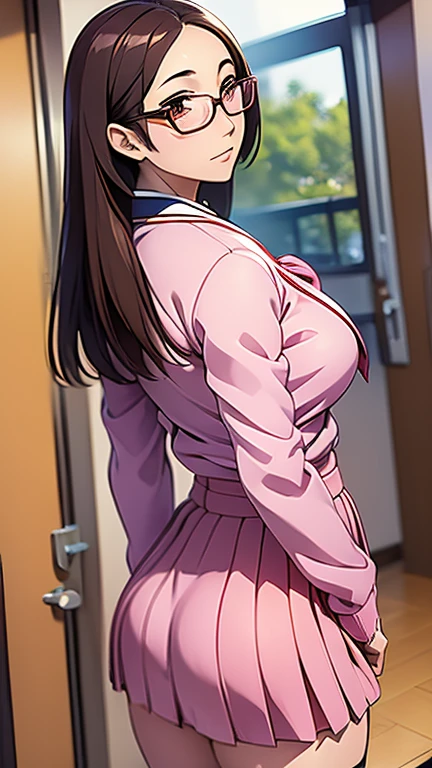 (masterpiece, best quality:1.2),Koyomi Mizuhara, wearing pink school uniform, glasses,