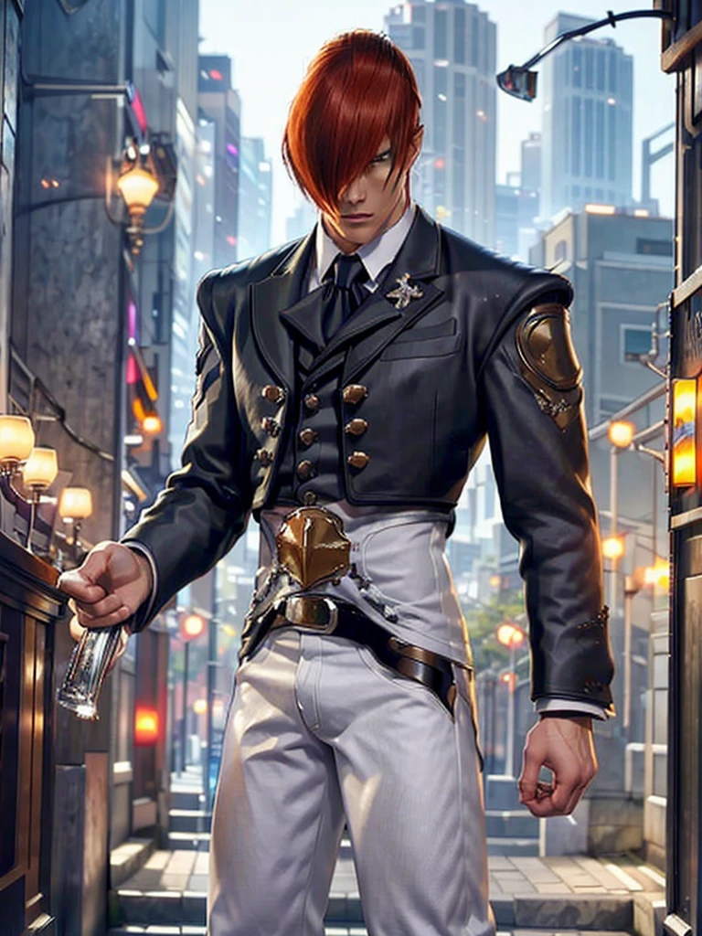 30-year-old man, alone, alone, athletic, muscular, serious look looking at the viewer, redhead, wears a black Mariachi suit, video game character, The King of Fighters, Iori Yagami, cinematic, ultra-sharp focus, award-winning photography, perfect contrast, high sharpness, depth of field, ultra-detailed photography, global illumination, fluid, ultra-high definition, 8k, Unreal Engine 5, ultra-sharp focus, award-winning photography, art stations trends,
