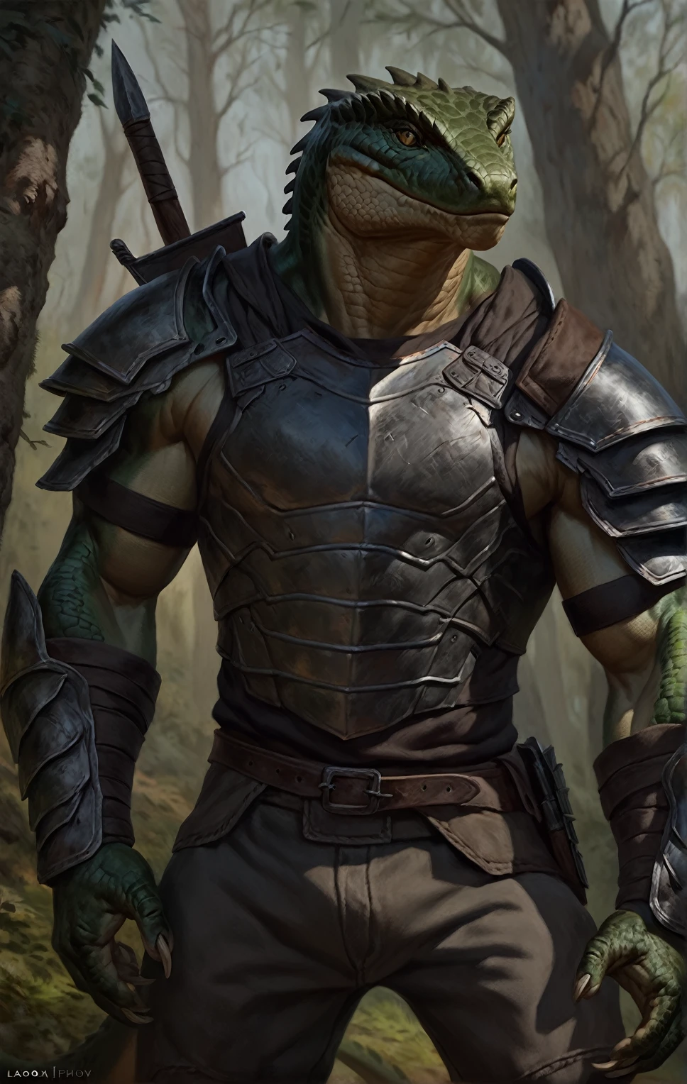 realistic muscular lizardfolk, wearing pants, mercenary, masculine,  plantigrade, dark green body, black belly, armor, forest background, (best quality,4k,8k,highres,masterpiece:1.2),ultra-detailed,(realistic,photorealistic,photo-realistic:1.37),by laobai, by taran fiddler, by honovy