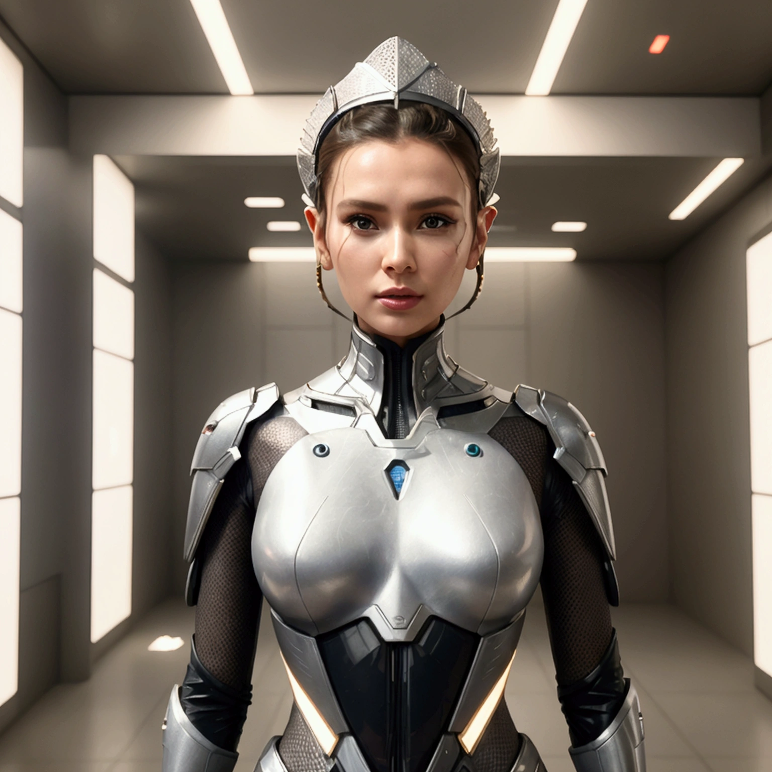 arafed woman in a futuristic suit standing in a room with many metal objects, still frame from prometheus, by Huang Ding, white russian clothes, rendering of beauty pageant, mesh headdress, machine elves, luxury advertisement, shoulders can be seen, cyber patterns, still frame from a movie --ar 16:9  