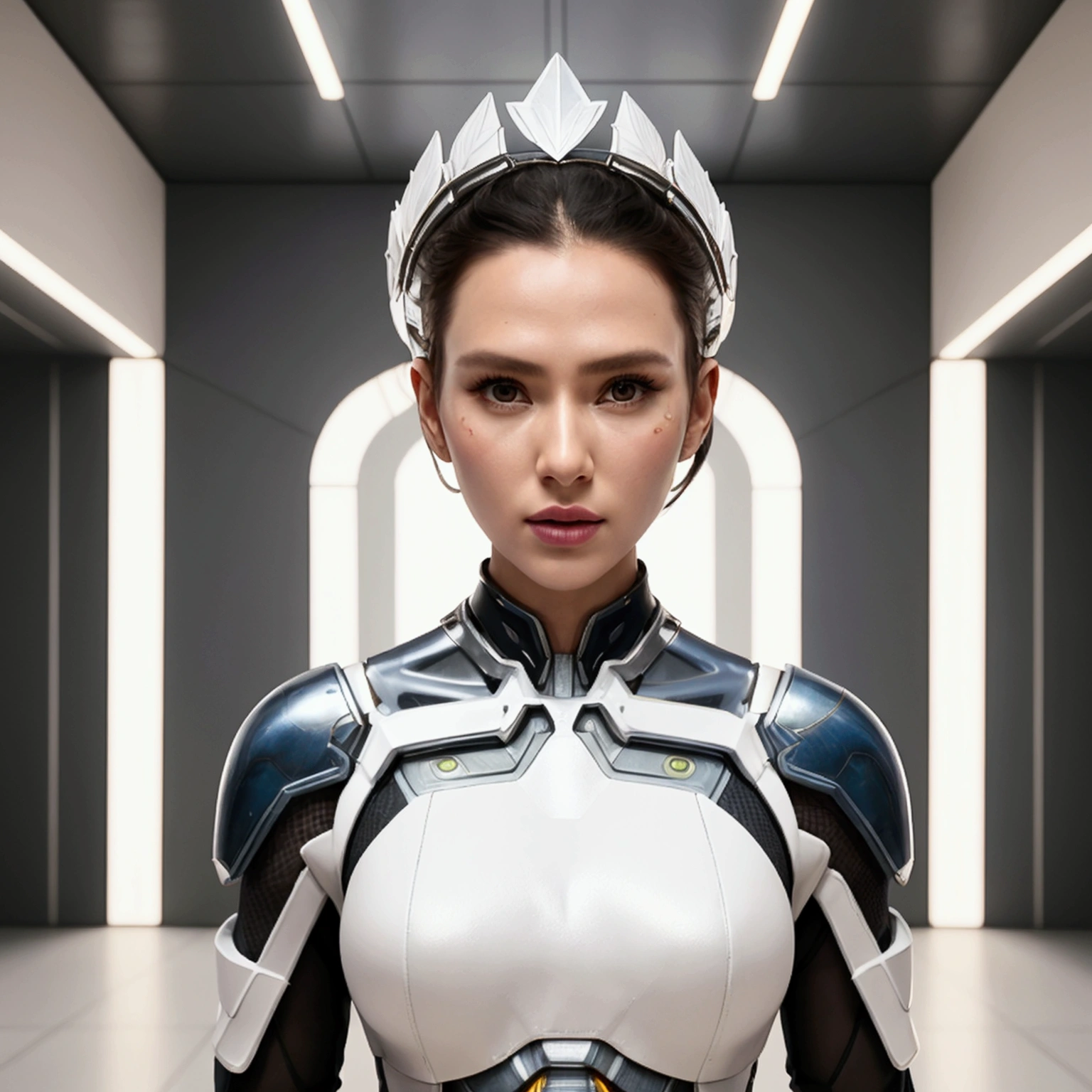 arafed woman in a futuristic suit standing in a room with many metal objects, still frame from prometheus, by Huang Ding, white russian clothes, rendering of beauty pageant, mesh headdress, machine elves, luxury advertisement, shoulders can be seen, cyber patterns, still frame from a movie --ar 16:9  