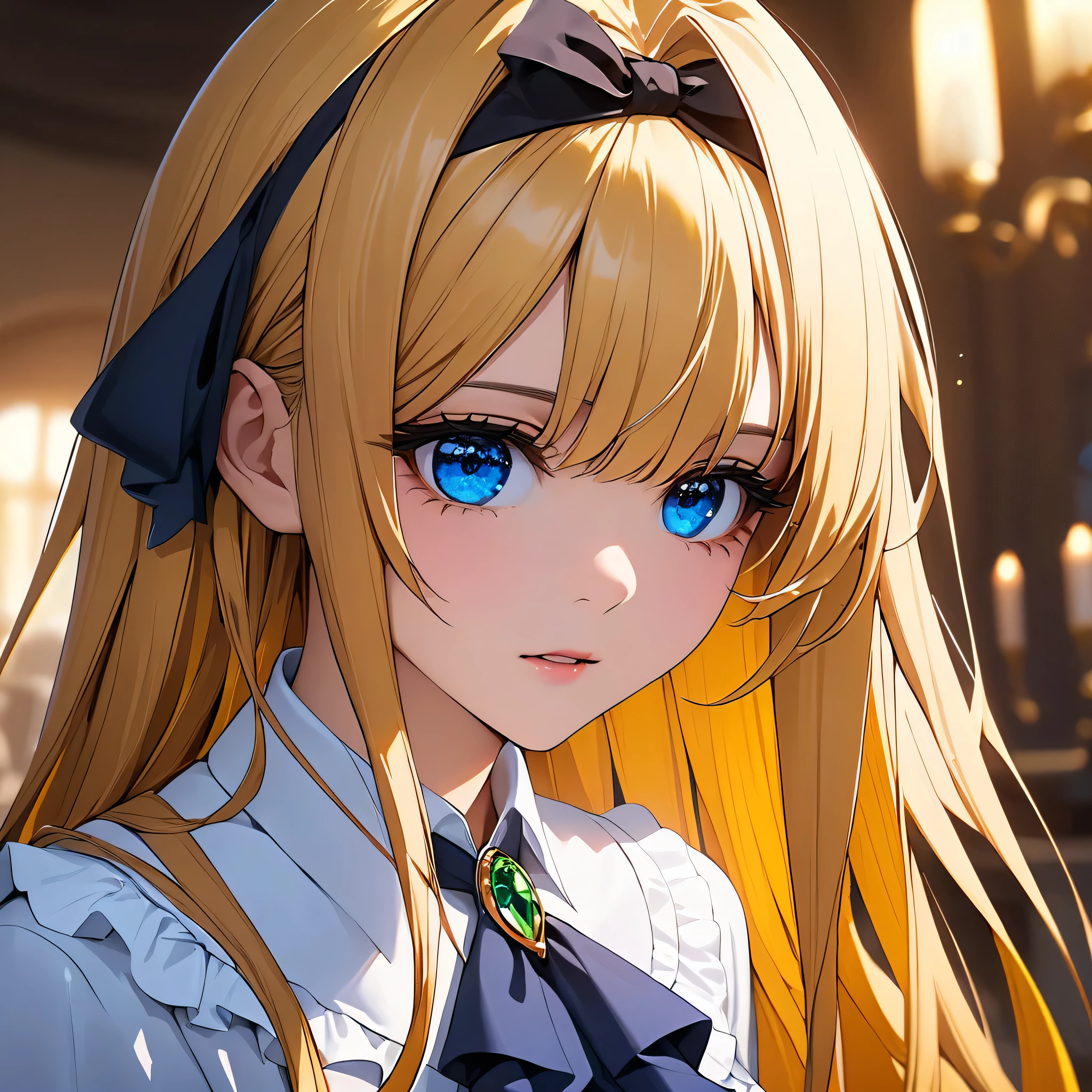 liana, 1girl, Blonde, Long Hair, blue eyes, Frilled shirt, hair ribbon, black ribbon, Ascot, blue Ascot with green gem, down to every single eyelash, super detailed face, super detailed eye, sharp focus、masterpiece、hasselblad, 16K, highres, super details, uhd, masterpiece、Beautiful attention to detail:1.2, Perfect lighting, (perfect hand, perfect anatomy), Precise depiction, game cg, Vibrant colors