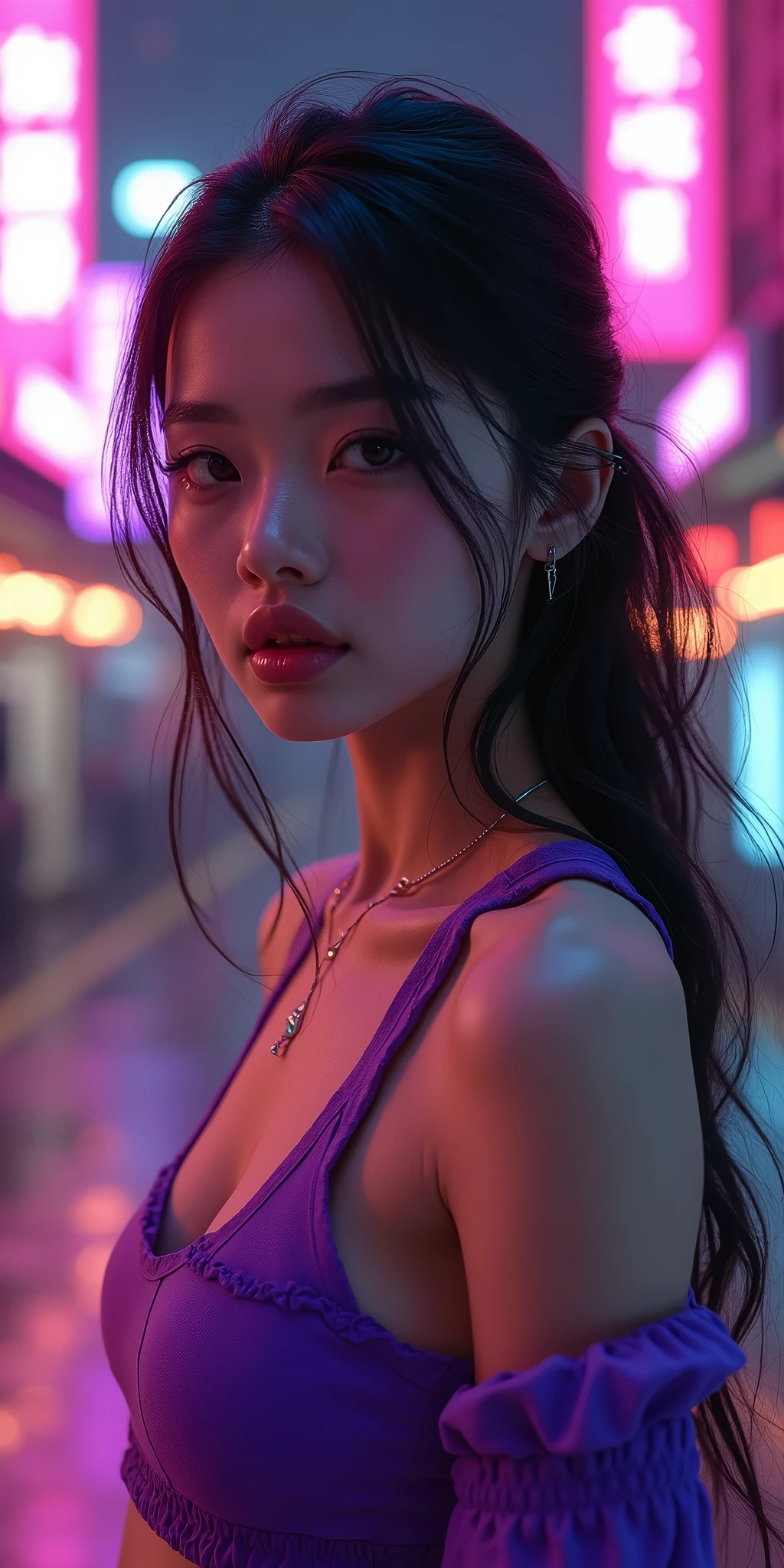 (Front Focus)、(Deep purple: 1.6)、Hyperrealist female portrait by David Hockney and Alphonse Mucha、Fantasy Art、photoRealstic、Dynamic lighting、art stations、poster for、Volume Lighting、extra detailed face、NSFW.女の子1人、sixteen years old、in the darkness nigth、deep-shadows、(sexy lingerie:1.4)、