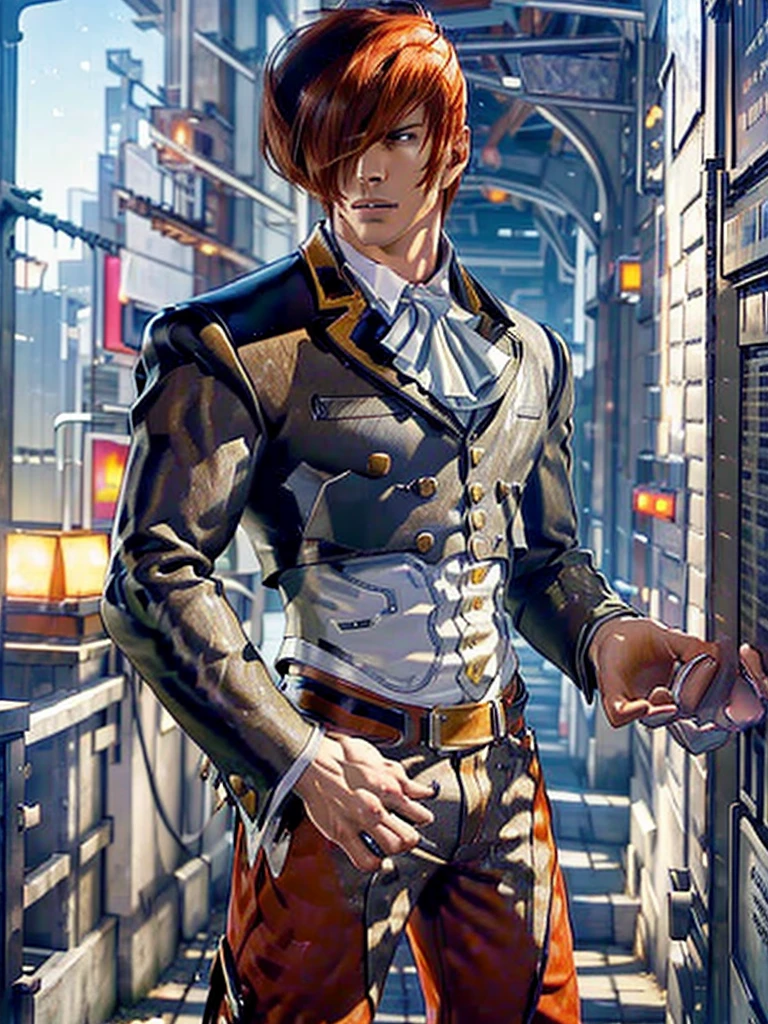 30-year-old man, alone, alone, athletic, muscular, serious look looking at the viewer, redhead, wears a black Mariachi suit, video game character, The King of Fighters, Iori Yagami, cinematic, ultra-sharp focus, award-winning photography, perfect contrast, high sharpness, depth of field, ultra-detailed photography, global illumination, fluid, ultra-high definition, 8k, Unreal Engine 5, ultra-sharp focus, award-winning photography, art stations trends,
