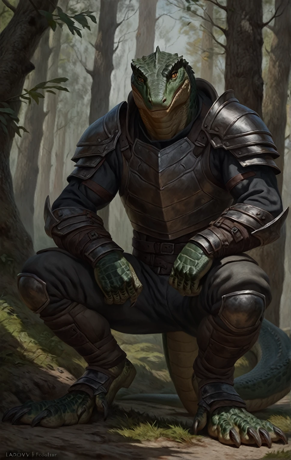 realistic muscular lizardfolk, wearing pants, mercenary, masculine,  plantigrade, dark green body, black belly, armor, forest background, (best quality,4k,8k,highres,masterpiece:1.2),ultra-detailed,(realistic,photorealistic,photo-realistic:1.37),by laobai, by taran fiddler, by honovy