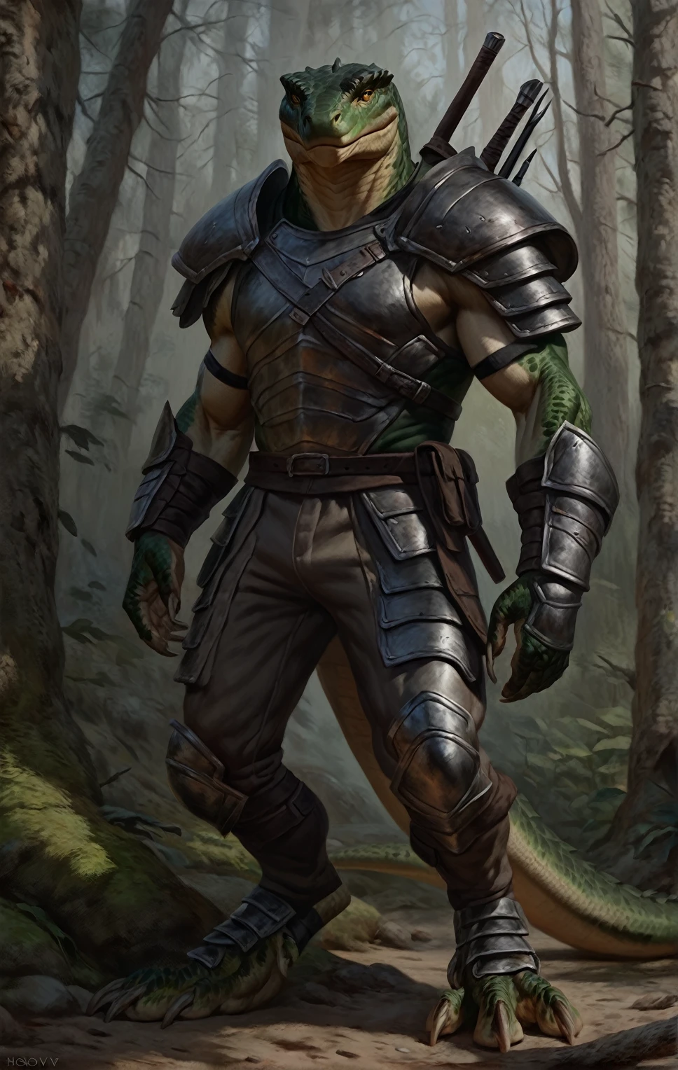 realistic muscular lizardfolk, wearing pants, mercenary, masculine,  plantigrade, dark green body, black belly, armor, forest background, (best quality,4k,8k,highres,masterpiece:1.2),ultra-detailed,(realistic,photorealistic,photo-realistic:1.37),by laobai, by taran fiddler, by honovy