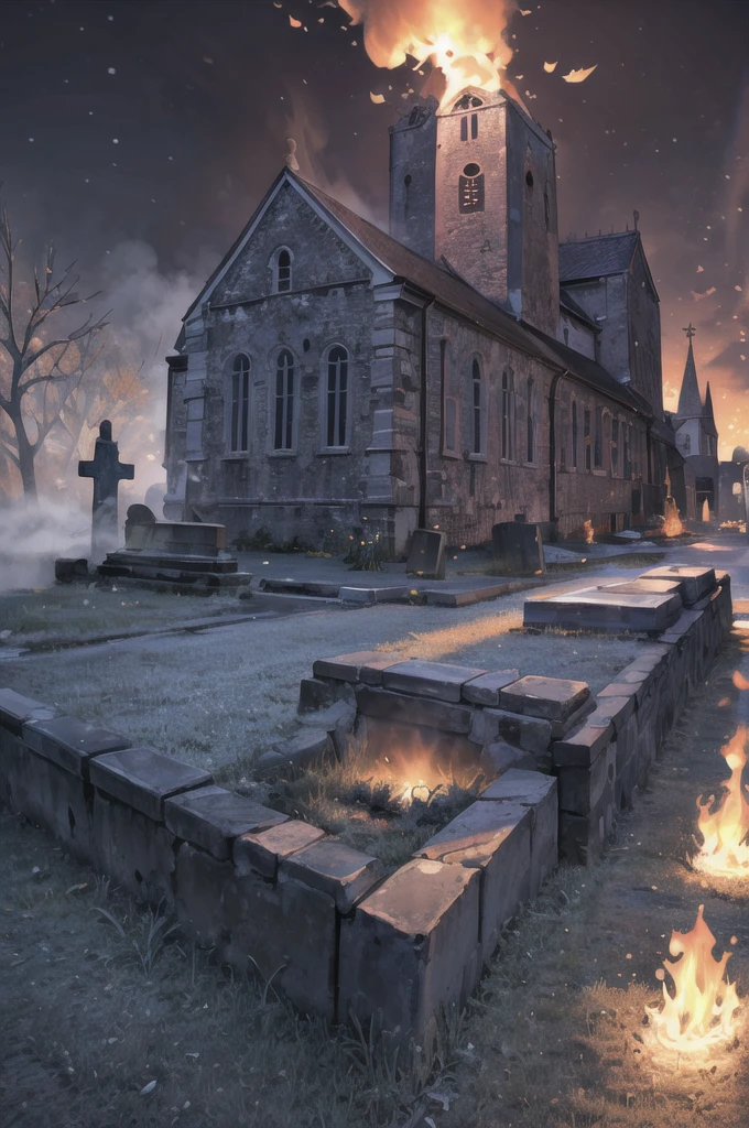 ((masterpiece)), (best quality), official art, extremely detailed CG, unity 8k wallpaper, ultra detailed, highly detailed, detailed background,
EdobChurchCemeteryCreepyNight, church, burning church, flame, cemetery, black sky, in the dark, ,  