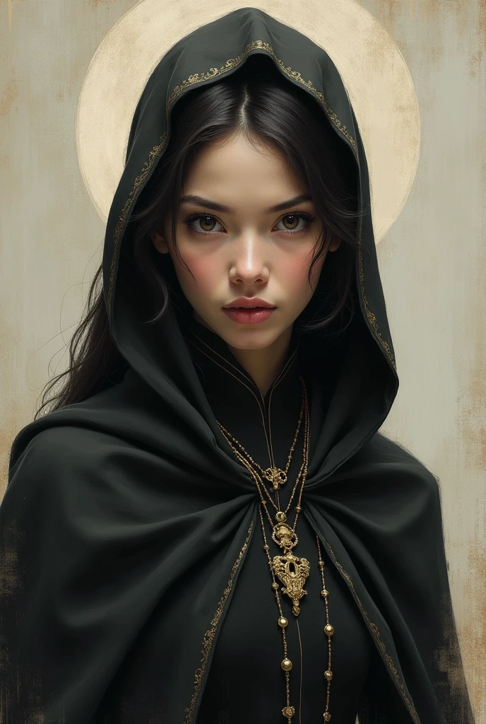 photorealistic portrait, of a sexy beautiful female nun, 35 years old, cute western face, slender body, intricate details, she wears makeup, medium breasts, she is squeezing her breasts together with her hands, seductively looking at view, her mouth is slightly open