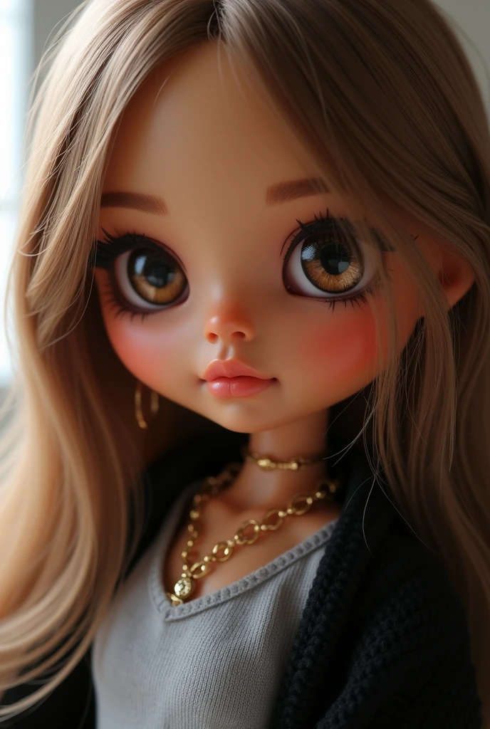 blythe doll white skin, dark blonde hair, Brown eyes, normal size mouth, mole on the cheek,no bangs,few eyelashes