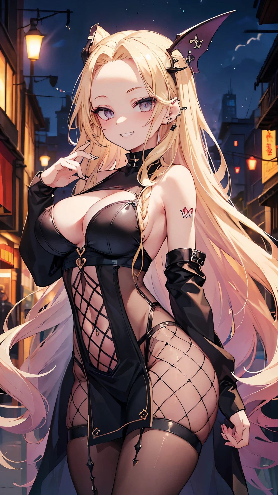 ((masterpiece、Best Quality、Very detailed))、One girl、Blonde、Long Hair、((forehead))、Grey Eyes、evil smile、((Grin))、((lots of piercing))、Large Breasts、(((Fishnet Body Stocking)))、Cowboy Shot、((night))、Alley Background