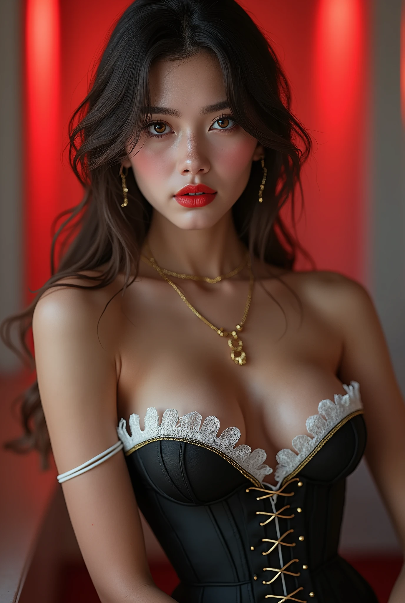 (((BLACK HAIR, [PERFECT REALISTIC EYES])))), ultra realistic 8k CG, perfect face, flawless, clean, masterpiece, professional artwork, famous art, cinematic lighting, cinematic flower, perfect face, beautiful face, beautiful eyes, (((perfect female body, narrow waist))), GOTHIC, real, SINISTER, BLACK HOOD, WIDE SMILE, (DARK SETTING), fantasy, MACABRO, unreal, science fiction, (huge breasts), BLACK clothes, lace, lace trim,  lacy legwear, nsfw, breasts out, absurdly long hair, very long hair, (rich: 1.4), SKULLS AROUND, intricate detail, delicate pattern, sexy, charming, seductive, seductive, erotic, charming, hair ornament, necklace, earrings, bracelet, armband, looking at the viewer,