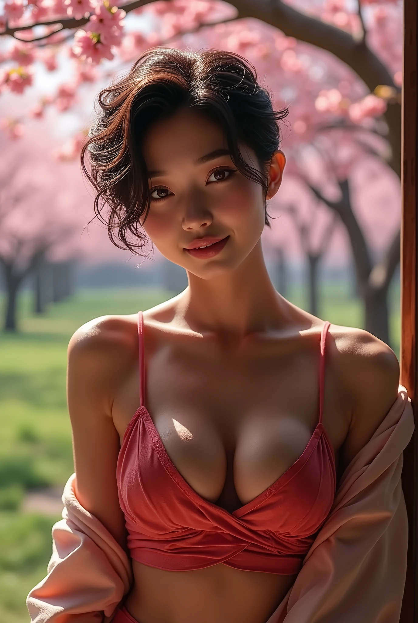 Realistic、Highest quality、Highest quality、masterpiece、Ultra-high resolution、RAW Photos、Realistic、Bright lighting、Face Light、Smooth Professional Lighting、Looking into the camera、alone、Adult female、Beautiful woman、Super Beauty、Realistic Skin、Moisturized Skin、Realistic eyes and faces、Perfect model body shape、Beautiful Eyes、Big eyes、Inconspicuous tear bags、slim、big breasts of medium size、Beautiful fingers、Very short hair、Black Hair、black eye、Looks happy、Cowboy Shot、(Both ears are hidden by hair)、(((White Wizard)))、Fantasy World、Medieval Europe、wilderness,Erect nipples、One of the breasts is visible