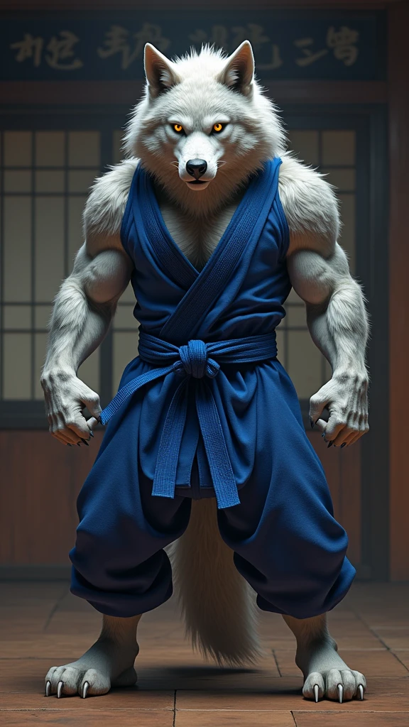 A werewolf beastman wearing a Japanese kimono and a loincloth