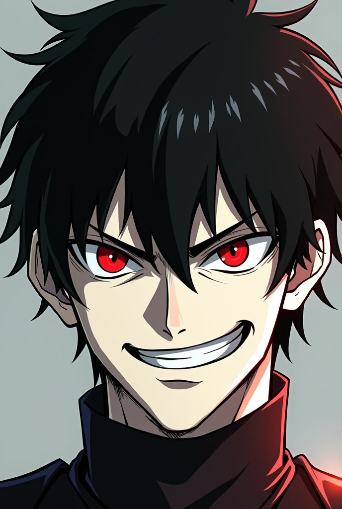 Man 17 years old Long black hair black and white sweatshirt with red electricity on his body with a manic smile