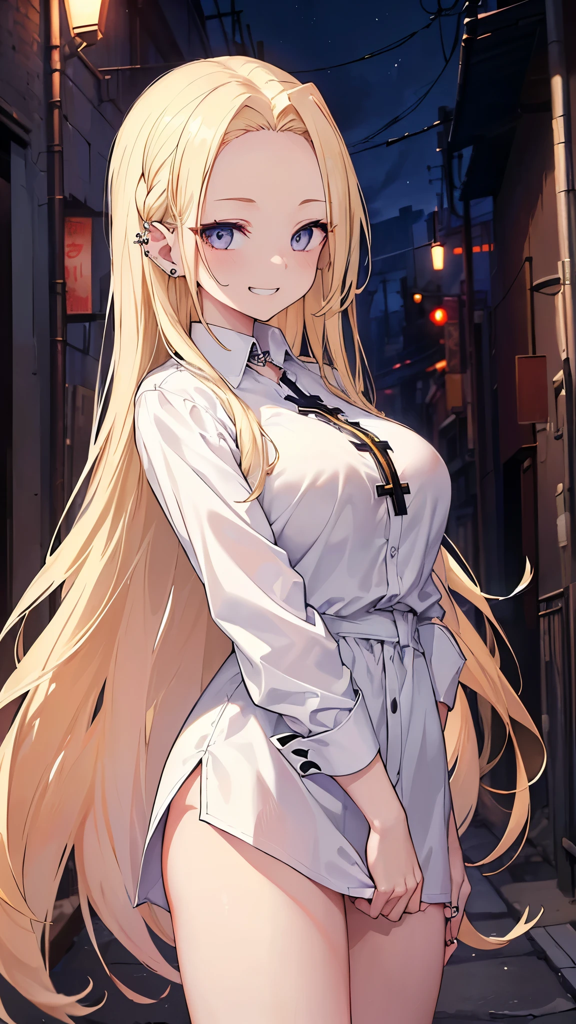 ((masterpiece、Best Quality、Very detailed))、One girl、Blonde、Long Hair、((forehead))、Grey Eyes、evil smile、((Grin))、((lots of piercing))、Large Breasts、((White shirt))、((Open Cross Cowboy Shot、((night))、Alley Background