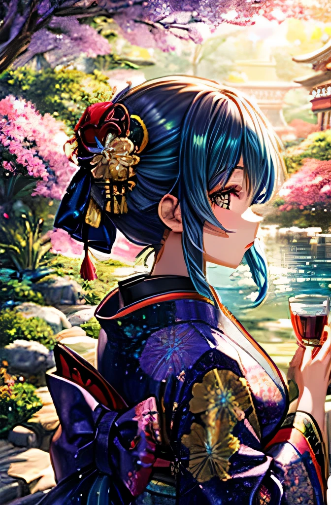 Raiden shogun from genshin impact, wearing white-red kimono, drinking tea while seeing a sunset, very detail