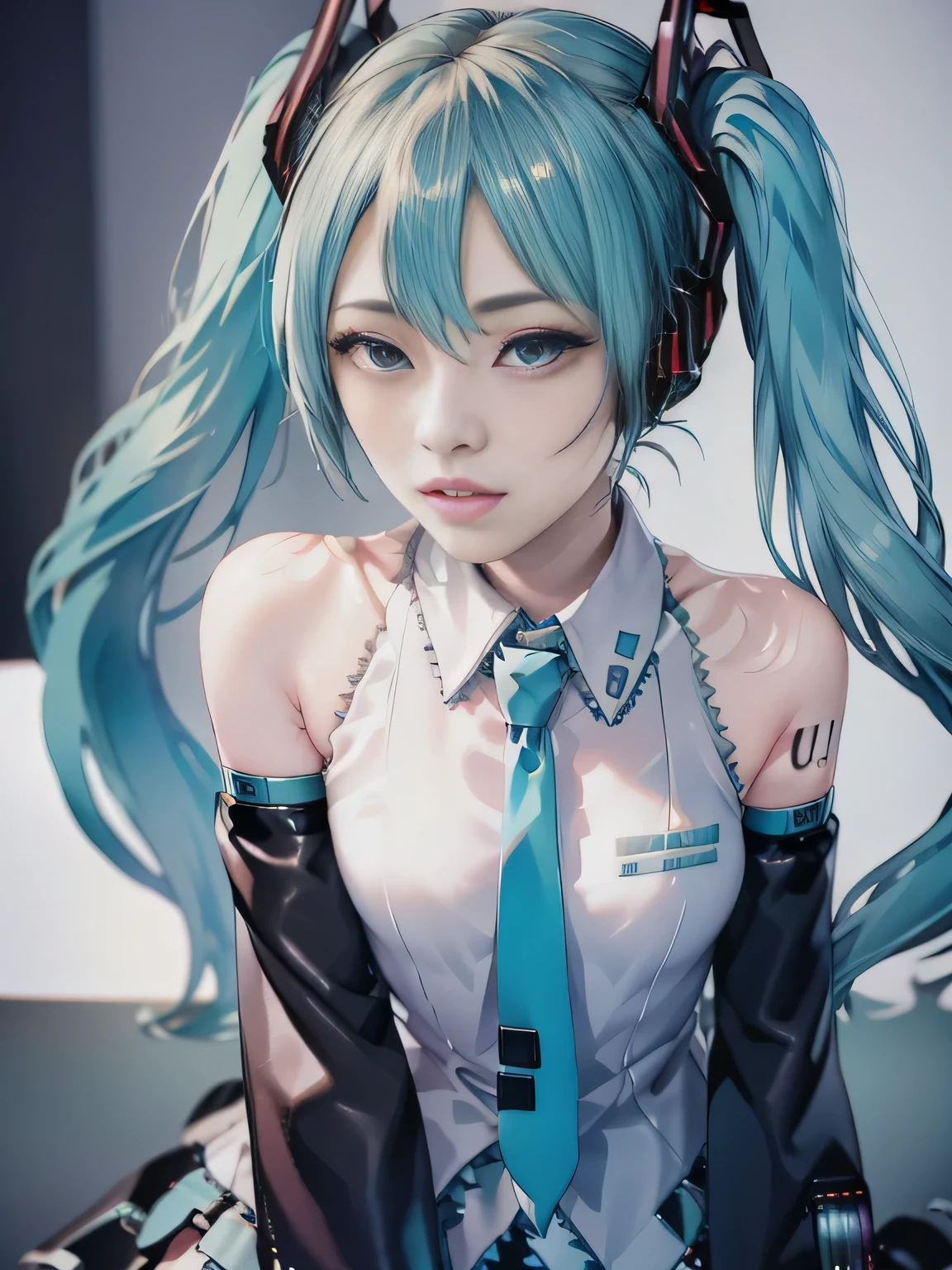 ((Cyberpunk Blurred Background:1.5)), Hatsune Miku, (1 girl:1.3), Full body shot, Dynamic pose:1.21, Dance poses:1.21, Looking up, Japanese women, 1 supermodel, Skinny body, (Anatomically correct proportions:1.37), High school girl, (Best Quality:1.4), 32k resolution, (Realistic:1.5), (超Realistic:1.5), High resolution UHD:1.5, (masterpiece:1.2)), (Improved quality:1.4), (Very beautiful facial details), (Best quality realistic skin texture:1.4), (Perfect Anatomy:1.2), (Hatsune Miku:1.2), (((Hatsune Miku Costume:1.37))), PVC knee-length socks, Does not emphasize the bust top, Accurate Fingers, Symmetrical and accurate eye depiction:1.37, Gazing at the audience:1.21, Natural Makeup, (((Amazing clarity and resolution, High quality images)), (Realisticな Blue eyes:1.37), Perfect round eyes, Detailed pupil, (blue eyes:1.37), (pink_lipstick:0.9), (Very intricate details:1.2), (Detailed and accurate nose:1.21), (tired, Sleepy and satisfied:0.0), (Correctly drawn beautiful lips:1.21), (Flat Chest:1.37), (Slim lower body), Long blue hair blowing in the wind, (Twin tail hair:1.37), 髪 ribbon, tassel,Hair accessories,髪 rings, 髪 bow, 髪band, Confident face, Spectacular and inspiring cinema lighting, 