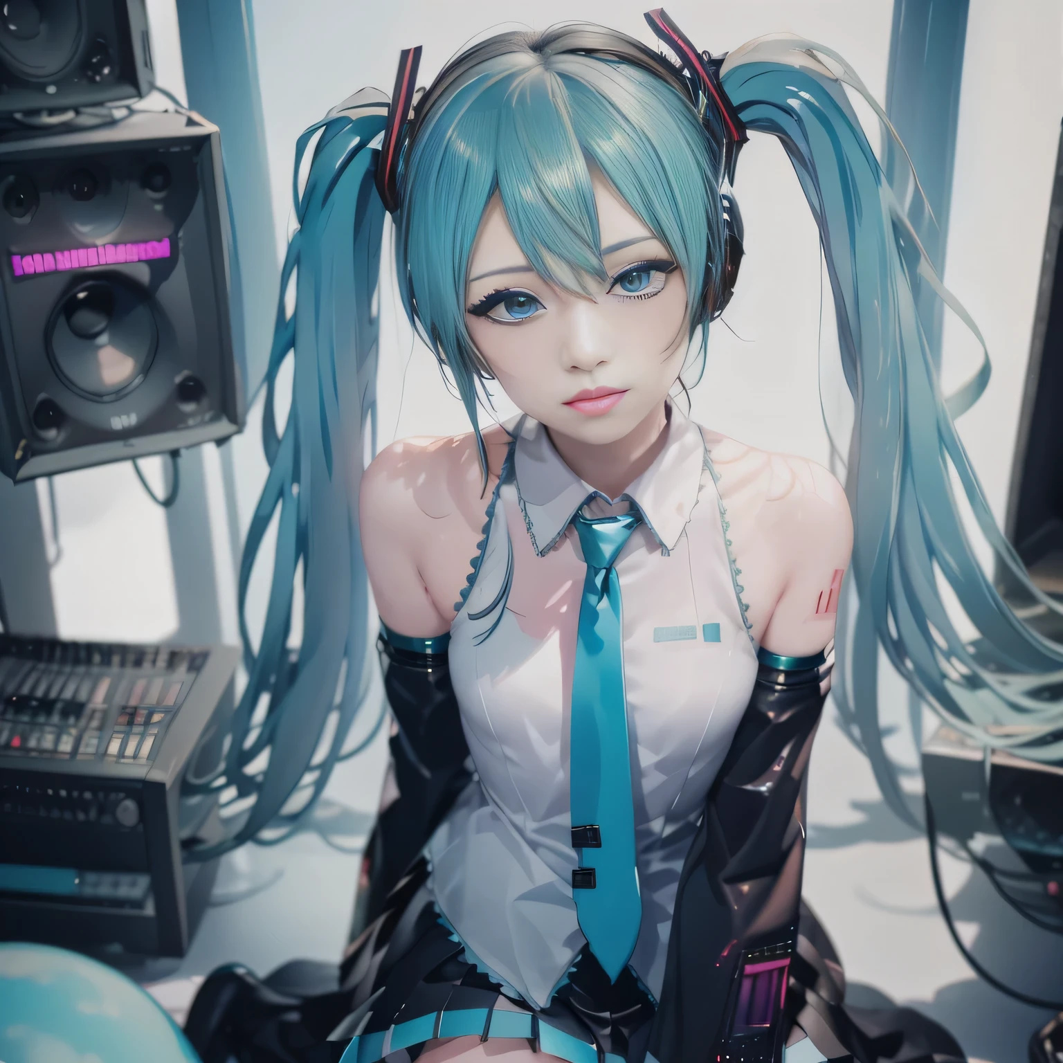 ((Cyberpunk Music Studio:1.5)), Hatsune Miku, (1 girl:1.3), Full body shot, Dynamic pose:1.21, Dance poses:1.21, Looking up, Japanese women, 1 supermodel, Skinny body, (Anatomically correct proportions:1.37), High school girl, (Best Quality:1.4), 32k resolution, (Realistic:1.5), (超Realistic:1.5), High resolution UHD:1.5, (masterpiece:1.2)), (Improved quality:1.4), (Very beautiful facial details), (Best quality realistic skin texture:1.4), (Perfect Anatomy:1.2), (Hatsune Miku:1.2), (((Hatsune Miku Costume:1.37))), PVC knee-length socks, Does not emphasize the bust top, Accurate Fingers, Symmetrical and accurate eye depiction:1.37, Gazing at the audience:1.21, Natural Makeup, (((Amazing clarity and resolution, High quality images)), (Realisticな Blue eyes:1.37), Perfect round eyes, Detailed pupil, (blue eyes:1.37), (pink_lipstick:0.9), (Very intricate details:1.2), (Detailed and accurate nose:1.21), (tired, Sleepy and satisfied:0.0), (Correctly drawn beautiful lips:1.21), (Flat Chest:1.37), (Slim lower body), Long blue hair blowing in the wind, (Twin tail hair:1.37), 髪 ribbon, tassel,Hair accessories,髪 rings, 髪 bow, 髪band, Confident face, Spectacular and inspiring cinema lighting, 