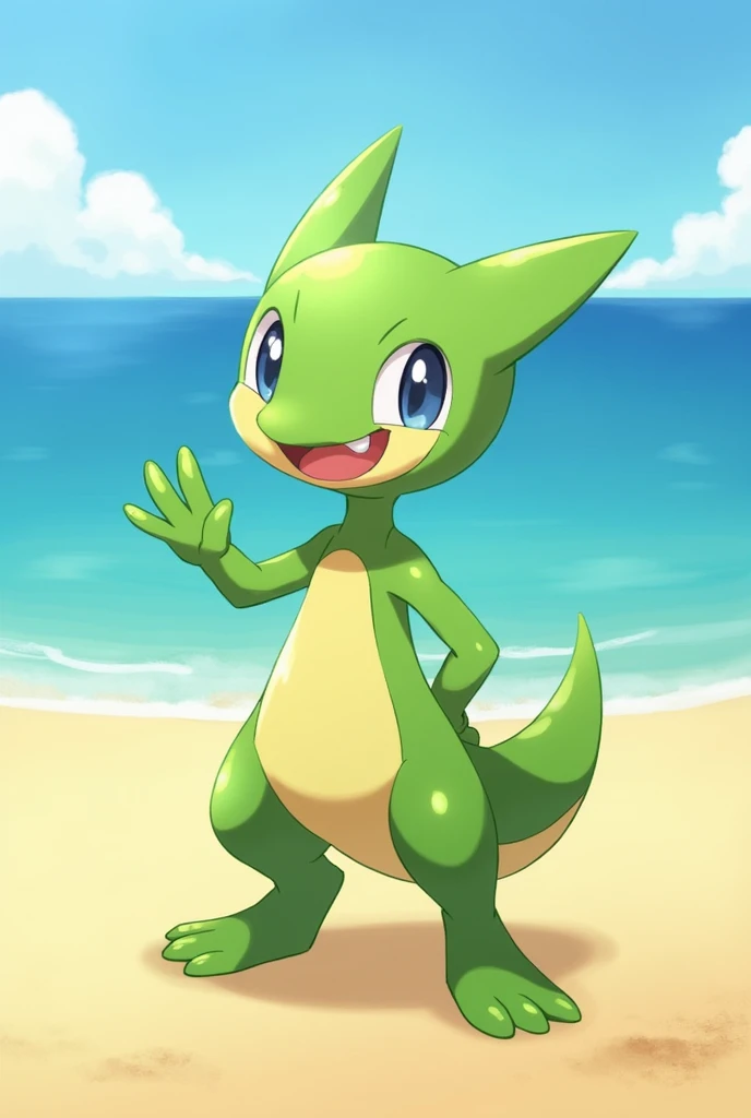 A little kirlia, showing his naked body, in a beach 