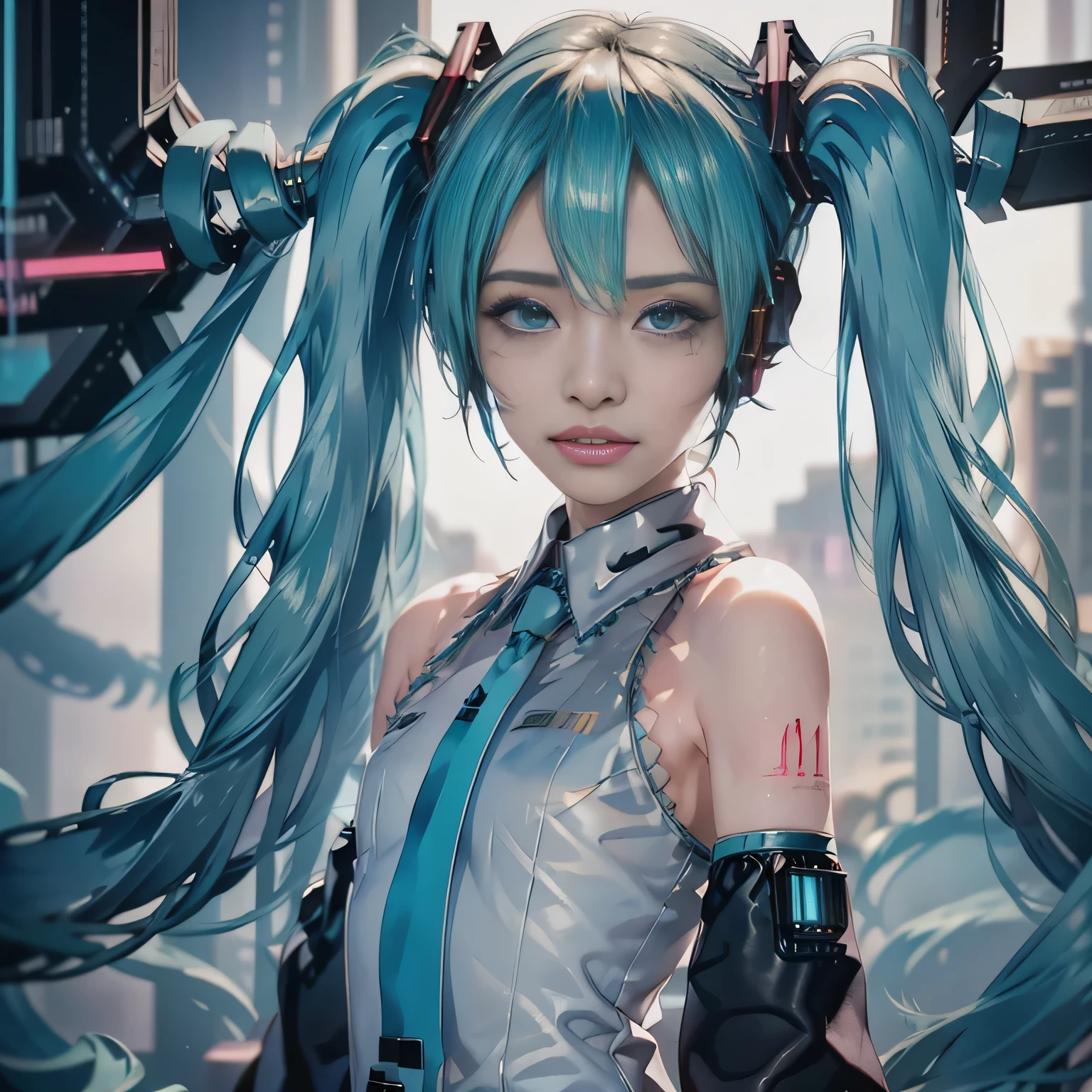 ((Cyberpunk Music Studio:1.5)), Hatsune Miku, (1 girl:1.3), Full body shot, Dynamic pose:1.21, Dance poses:1.21, Looking up, Japanese women, 1 supermodel, Skinny body, (Anatomically correct proportions:1.37), High school girl, (Best Quality:1.4), 32k resolution, (Realistic:1.5), (超Realistic:1.5), High resolution UHD:1.5, (masterpiece:1.2)), (Improved quality:1.4), (Very beautiful facial details), (Best quality realistic skin texture:1.4), (Perfect Anatomy:1.2), (Hatsune Miku:1.2), (((Hatsune Miku Costume:1.37))), PVC knee-length socks, Does not emphasize the bust top, Accurate Fingers, Symmetrical and accurate eye depiction:1.37, Gazing at the audience:1.21, Natural Makeup, (((Amazing clarity and resolution, High quality images)), (Realisticな Blue eyes:1.37), Perfect round eyes, Detailed pupil, (blue eyes:1.37), (pink_lipstick:0.9), (Very intricate details:1.2), (Detailed and accurate nose:1.21), (tired, Sleepy and satisfied:0.0), (Correctly drawn beautiful lips:1.21), (Flat Chest:1.37), (Slim lower body), Long blue hair blowing in the wind, (Twin tail hair:1.37), 髪 ribbon, tassel,Hair accessories,髪 rings, 髪 bow, 髪band, Confident face, Spectacular and inspiring cinema lighting, 