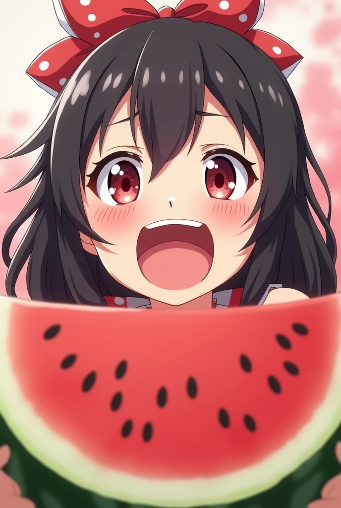 alone, One girl, Yunyun, (Surprised expression:1.5)、 (blush:1.5)、Crown braids of the same color as your hair, Red Eyes、hair ornaments, Hair Ribbon, Pink tie, Long sleeve, Pink Skirt, Knee socks, Cleavage,  The background is a watermelon field、(Being chased by a ghost watermelon with eyes and a mouth)